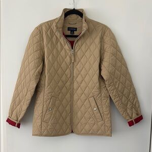 Lands End Tan quilted jacket red lining women’s jacket size small full zip up